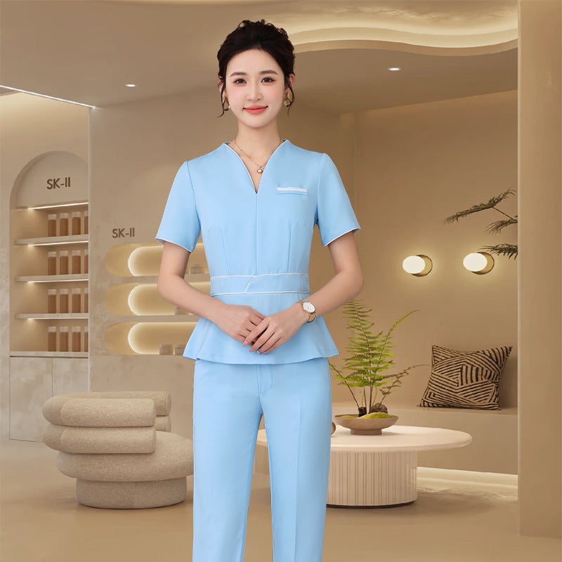 Health Center El Front Desk Work Clothes Female Skin Management Technician Black High Elastic Middle Sleeve Suit - Image 1